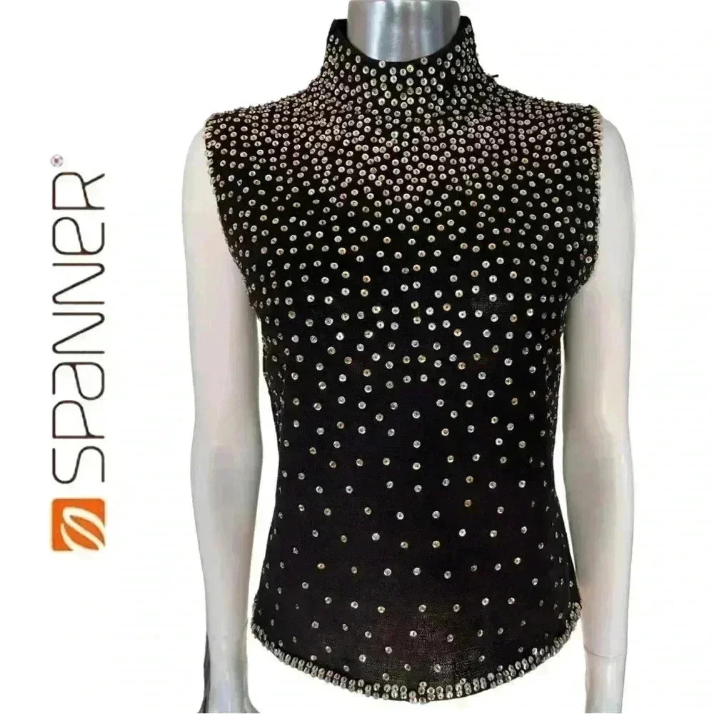 Spanner Glitter Sleeveless Knit Sweater Top Mock Neck Back Zipper Black Small